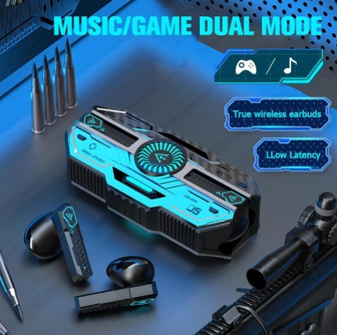 Caja de producto de auriculares gamer con iconos de música, juego y baja latencia sobre fondo azul