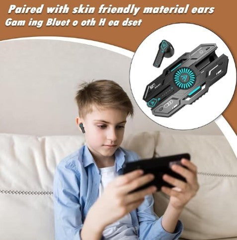 Auriculares Bluetooth 5.0 conectados a smartphone mostrando uso en modo juego con baja latencia